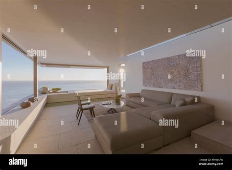 Modern Luxury Home Showcase Interior Living Room With Ocean View Stock