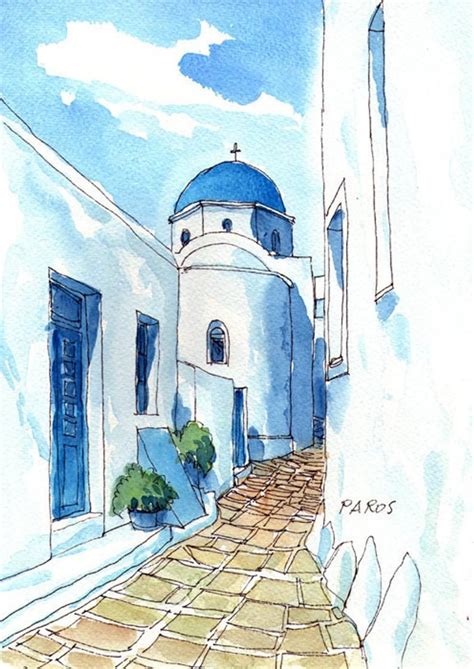 Paros Chapel Greece Art Print From An Original Watercolor Painting In