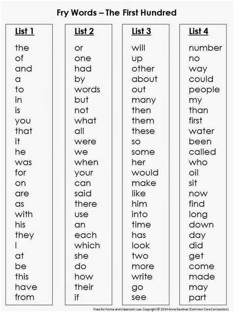 Common Core Connection Fry Word Lists Sight Words Kindergarten Fry