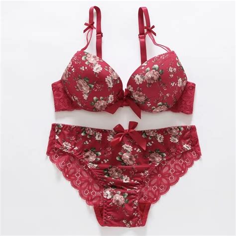 Women Floral Bras Embroidery Lingerie Set Sexy Push Up Thin Padded Bow Bra Panty Set