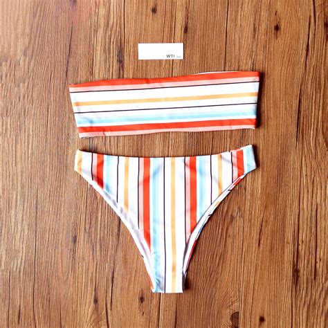 Rainbow Stripes High Waist Bandeaux Bikini Swimsuit Wti Design