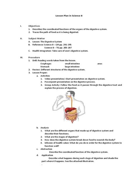 Lesson Plan In Science 8 Human Digestive System Gastrointestinal Tract
