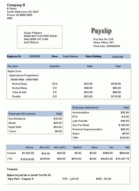 payslip template australia an overview free sample example and format templates free sample