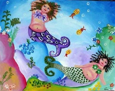 Two Colorful Mermaids Whimsical Folk Art Giclee Print Etsy