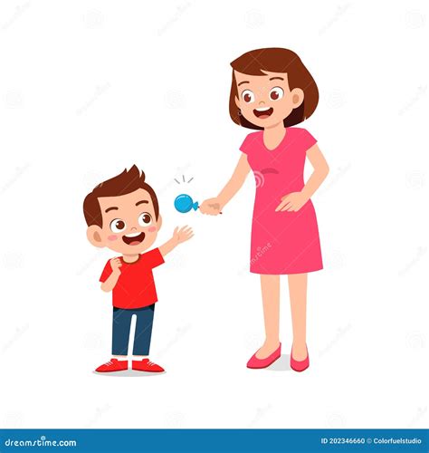 Happy Mother Give Candy And Sweets To His Boy And Girl Kid Stock Vector