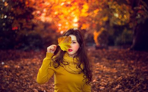 Wallpaper Sunlight Fall Leaves Women Outdoors Brunette Yellow