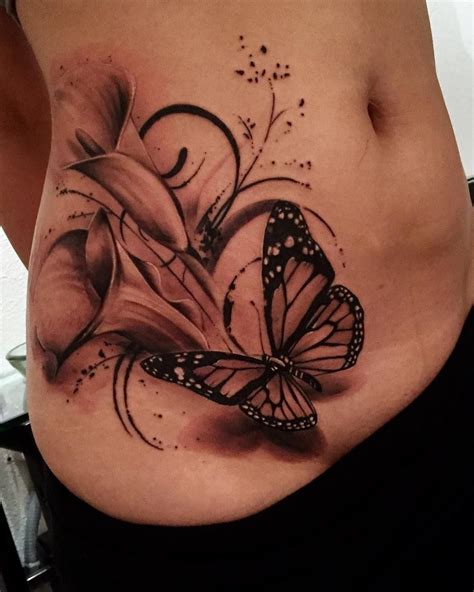 A Right Side Stpmach Belly Tattoos Rose And Butterfly Tattoo Tattoos For Women