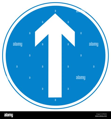 Uk Road Sign One Way Street Traffic White Arrow Blue Background Stock