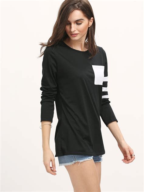 Black White Round Neck Striped Loose T Shirt Sheinsheinside