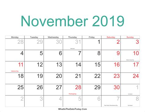 November 2019 Calendar Printable With Holidays Whatisthedatetodaycom