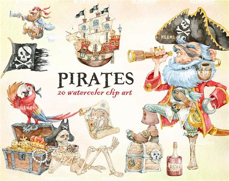 Watercolor Pirates Clip Artcute Pirate Clipartpirate Etsy Pirate