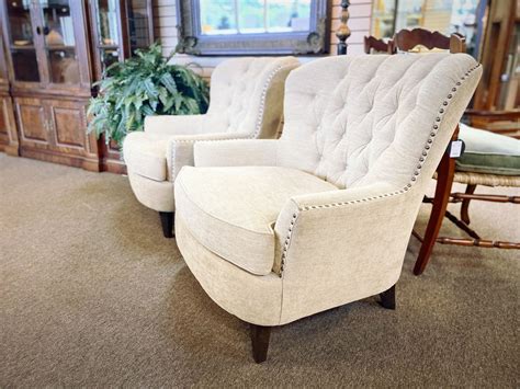 Pair Of Pottery Barn Tufted Back Chairs With Neutral Linen Tone