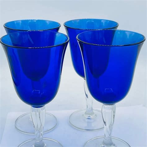 Vintage 4 Wine Glasses Set Cobalt Blue With Clear Stems Etsy