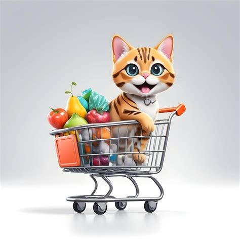 Premium Ai Image Cartoon Cute Cat With Shopping Cart Feline Grocery