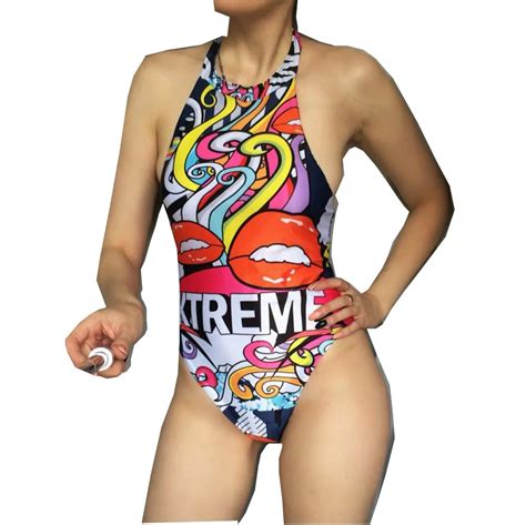 One Piece Women Red Lip Halter Swimsuit Swimwear High Cut Swimsuit Bodysuit Bathing Suit In One
