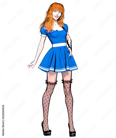 Sexy Anime 3d Doll Japanese Anime Girl Big Green Eyes Short Blue Dress Dark Stockings Cartoon
