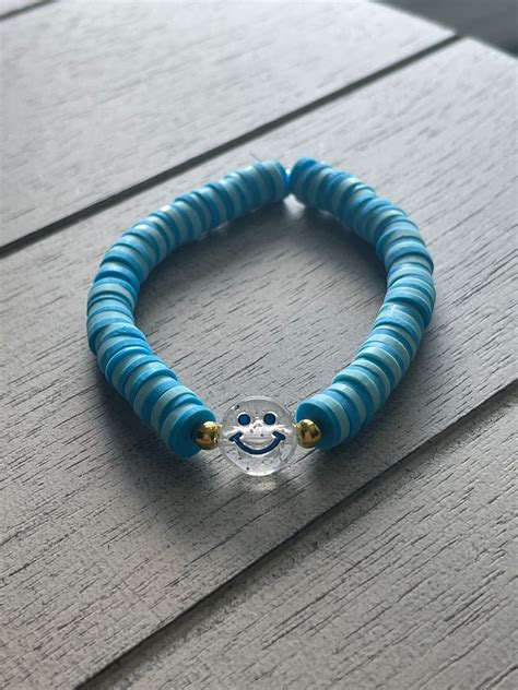 Clay Bead Bracelet Shades Of Blue With Smiley Face Etsy