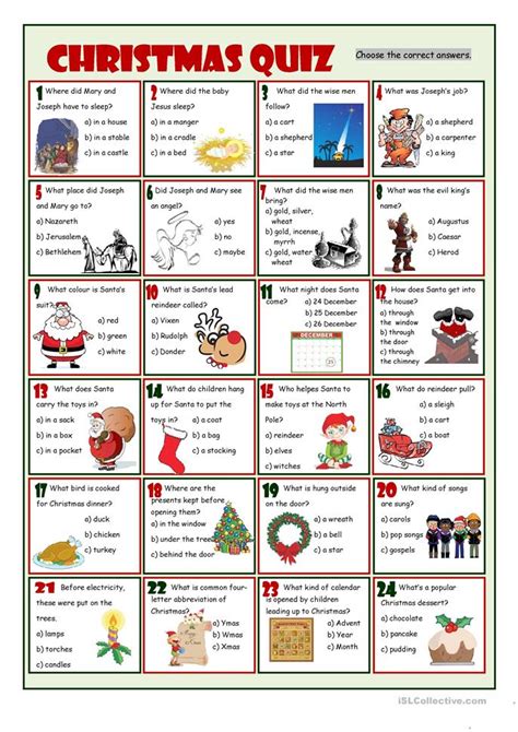 The cards can be cut out if desired and be used as c. Christmas Quiz worksheet - Free ESL printable worksheets ...