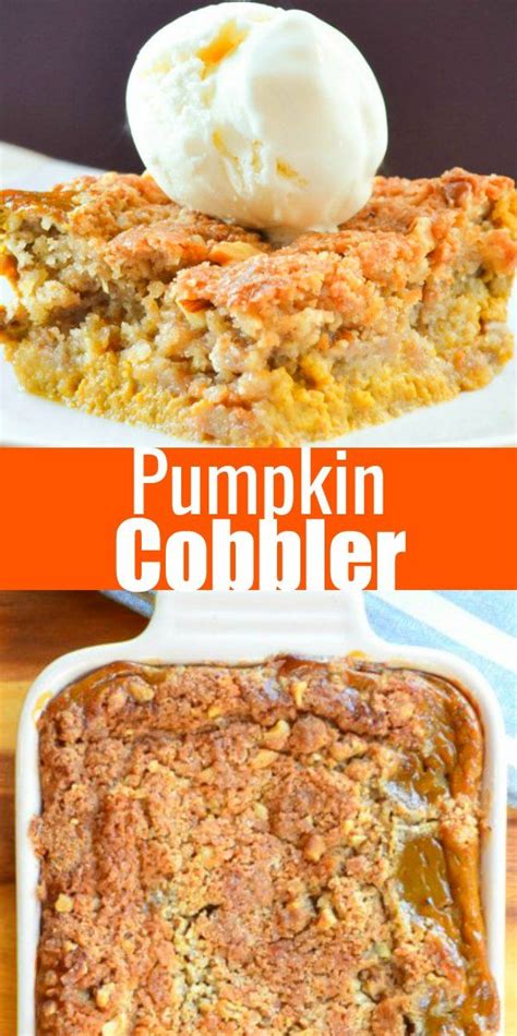 Pumpkin Cobbler With Ice Cream On Top And In A Casserole Dish Next To It