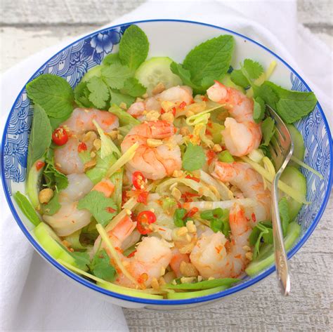 To brine shrimp, combine water, salt, sugar, and kikkoman soy sauce in a large bowl, stirring to dissolve salt and sugar. Spicy Thai Shrimp Salad (Yam Goong)
