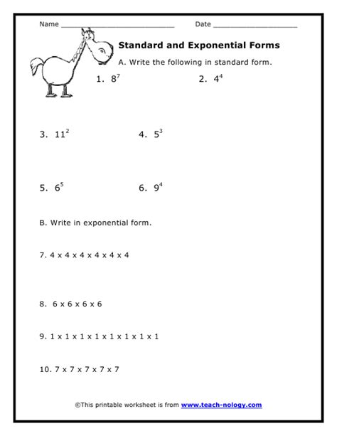 Writing Whole Numbers In Exponential Form Worksheets
