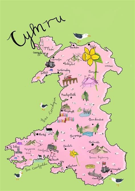 Map O Gymru Welsh Map Of Wales Illustration Wales Map Welsh Map Map