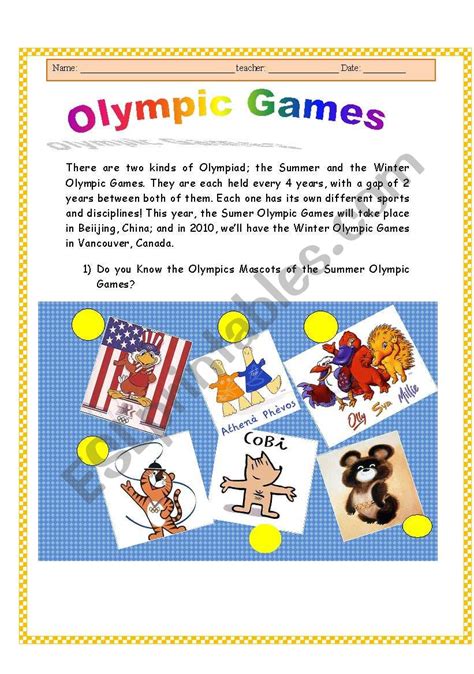 Olympic Games Activities Esl Worksheet By Melly Poulain