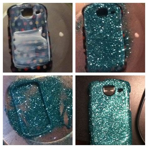 Four Different Pictures Of Cell Phones With Blue Glitters On Them And