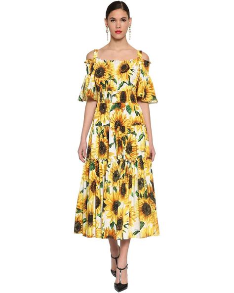 Dolce Gabbana Long Printed Cotton Poplin Dress In Yellow Lyst