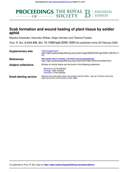 Pdf Scab Formation And Wound Healing Of Plant Tissue By Soldier Aphid