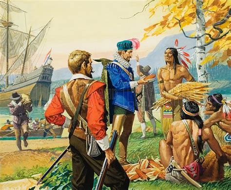 English Explorer Henry Hudson Trading With Native Americans Stock