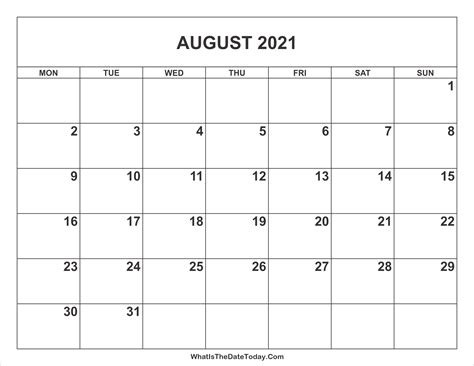 August 2021 Calendar Whatisthedatetodaycom