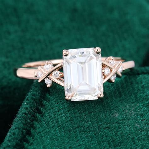 K Rose Gold Emerald Cut Moissanite And Diamond Engagement Ring