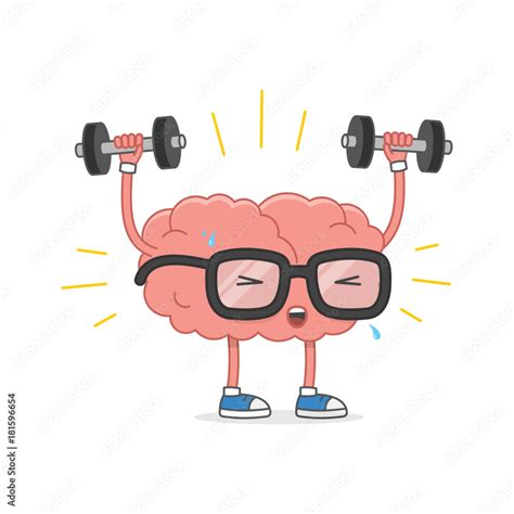 Brain Training Vector Illustration Cartoon Brain With Glasses Lifting