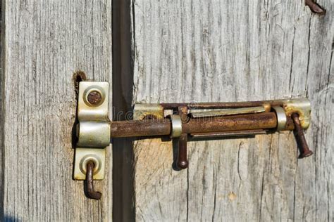 Old Deadbolt On Wooden Door Stock Image Image Of Iron Safe 199802031