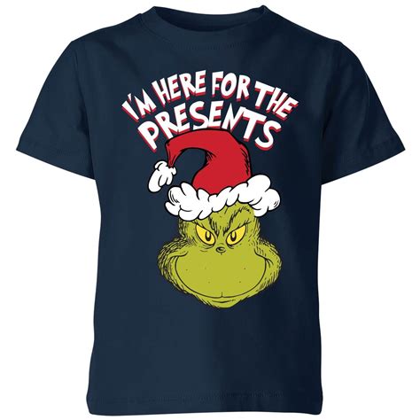 The Grinch Im Here For The Presents Kids Christmas T Shirt Navy