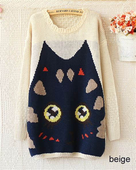 Cute Big Cat Face Long Sleeve Knitted Sweater On Luulla