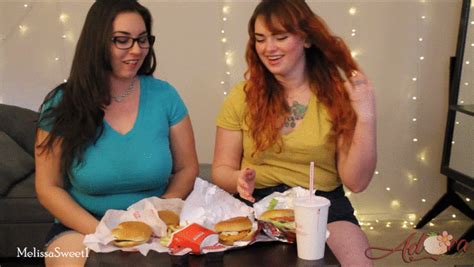 Burger Eating Babes Overeating And Belly Stuffing Overeating And