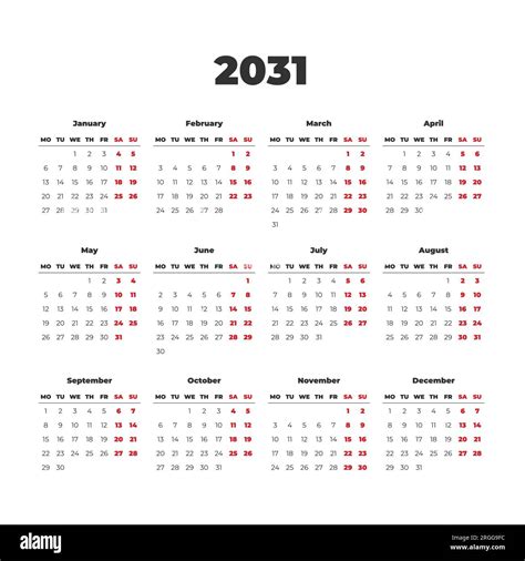 2031 Simple Vector Calendar Template Weeks Start On Monday Stock