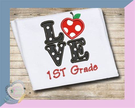 Love 1st First Grade Apple Applique Embroidery Design Etsy Applique