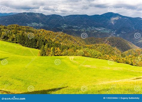 Rural Alpine Green Meadow Mountains Range Landscape Stock Photo Image