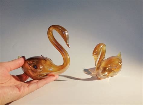 Amber Hand Blown Glass Swan Vintage Orange Swan Figurines Etsy