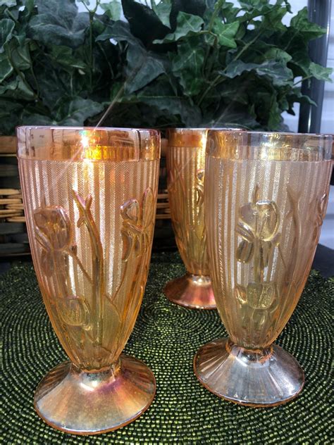 Rare Iris And Herringbone Peach Marigold Set Carnival Glass Cups And