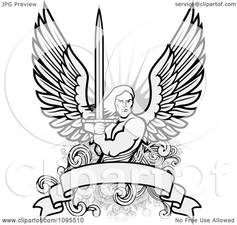 Clipart Male Angel Warrior Holding A Sword Over A Blank Banner