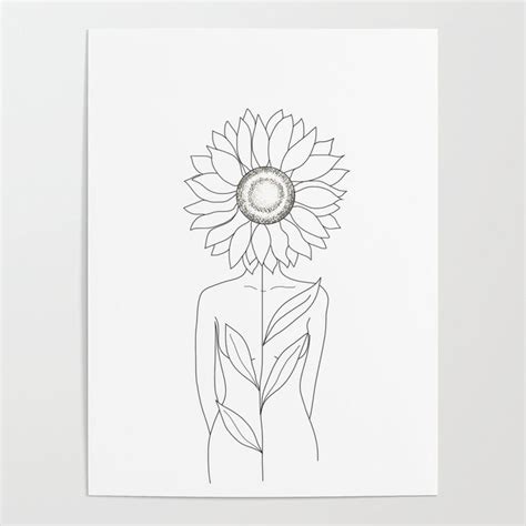 Buy Minimalistic Line Art Of Woman With Sunflower Poster By Nadja1