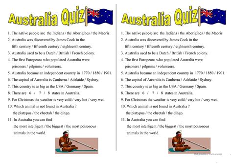 Here is the worksheet to use in your lessons. Australia quiz worksheet - Free ESL printable worksheets ...