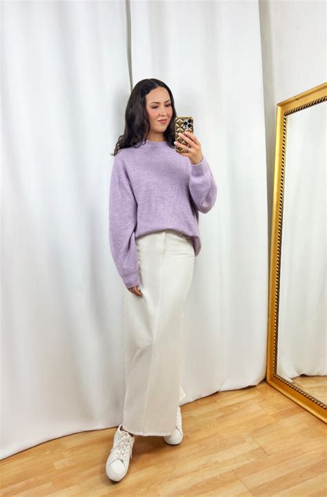 Purple Sweater Outfit With White Maxi Skirt In An Elegant Fashion