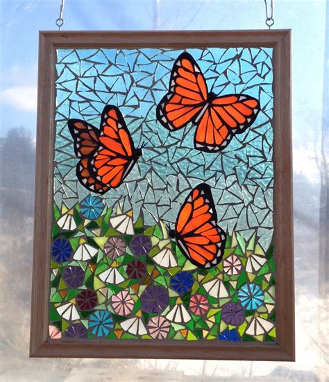 This Beautiful Stained Glass Mosaic Panel Features Three Monarch Butterflies Visiting A Flower