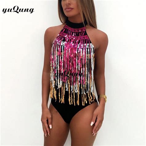 Yuqung Sexy Color Sequin Tassel Bodysuit Women Jumpers And Rompers Club Party Scoop Back Cami