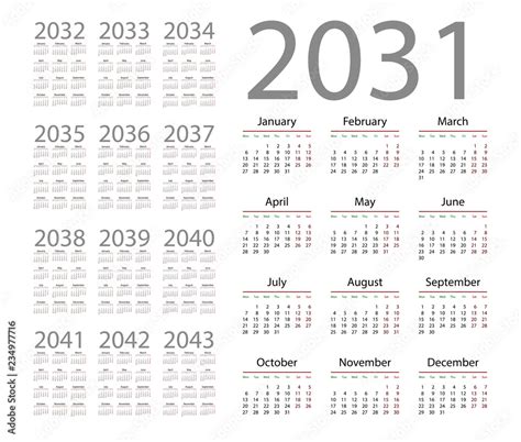 Simple Calendar 2031 On White Background Vector Illustration Stock